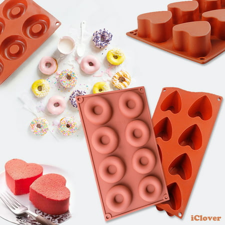[2in1] Donut Silicone Baking Mold + Baking Pan Heart Mold,IClover  Non-Stick Food Grade Muffin Cups Cake Biscuit Cookie Candy Mold Pan -Dishwasher, Oven, Microwave, Freezer Safe