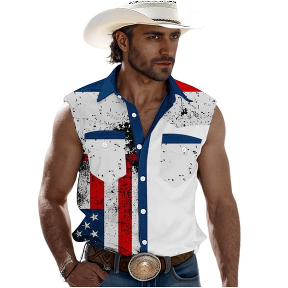 LEKWK Patriotic Shirts for Men Sleeveless Button Down Muscle Tank Tops American Flag Printed Loose Fit Casual Tops Summer Fashion 4Th Of July Shirts