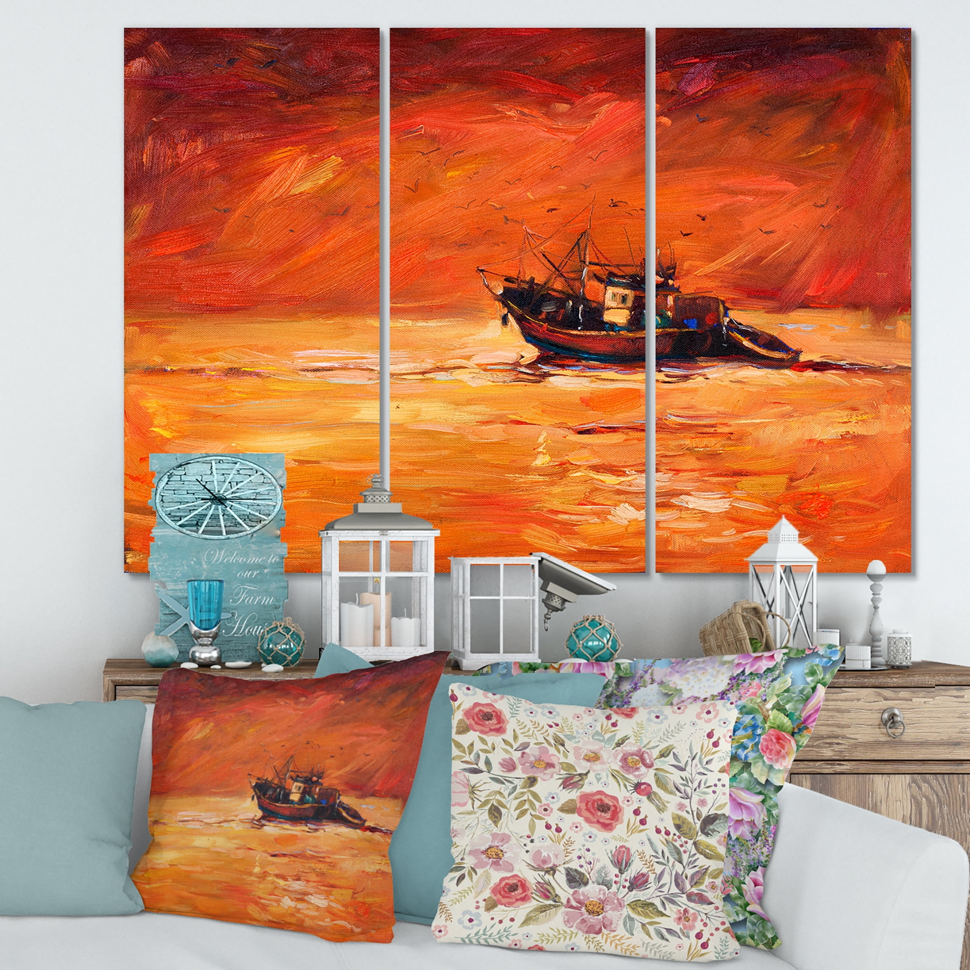 Designart ' Fishing Boat During Red Evening Glow ' Nautical & Coastal Canvas Wall Art Print