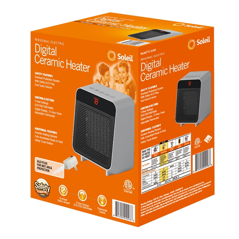 Soleil Electric Digital Ceramic Heater 1500W Indoor White PTC-916W - Walmart .com