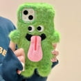 thumbnail image 4 of Green Plush Phone Case for iPhone 15 Pro Cute Funny Tongue Warm Furry Cases, 3D Cartoon Fuzzy Winter Protective Cover for Women Girls, 4 of 6