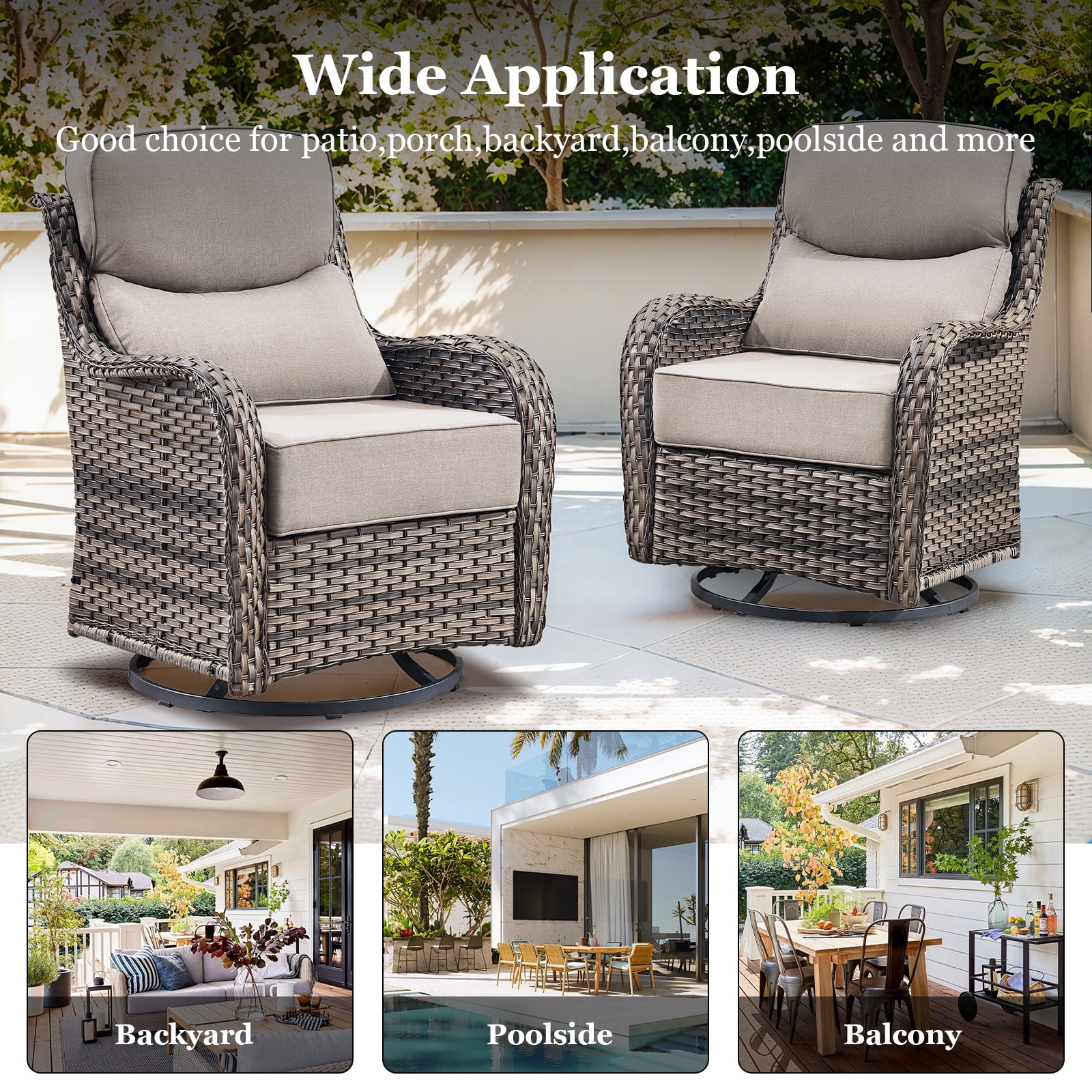 Planntonneo 3-Piece Patio Furniture Set - Wicker Swivel Glider Chairs with 6-Inch High-Resilience Cushions and Side Table, Grey/Beige
