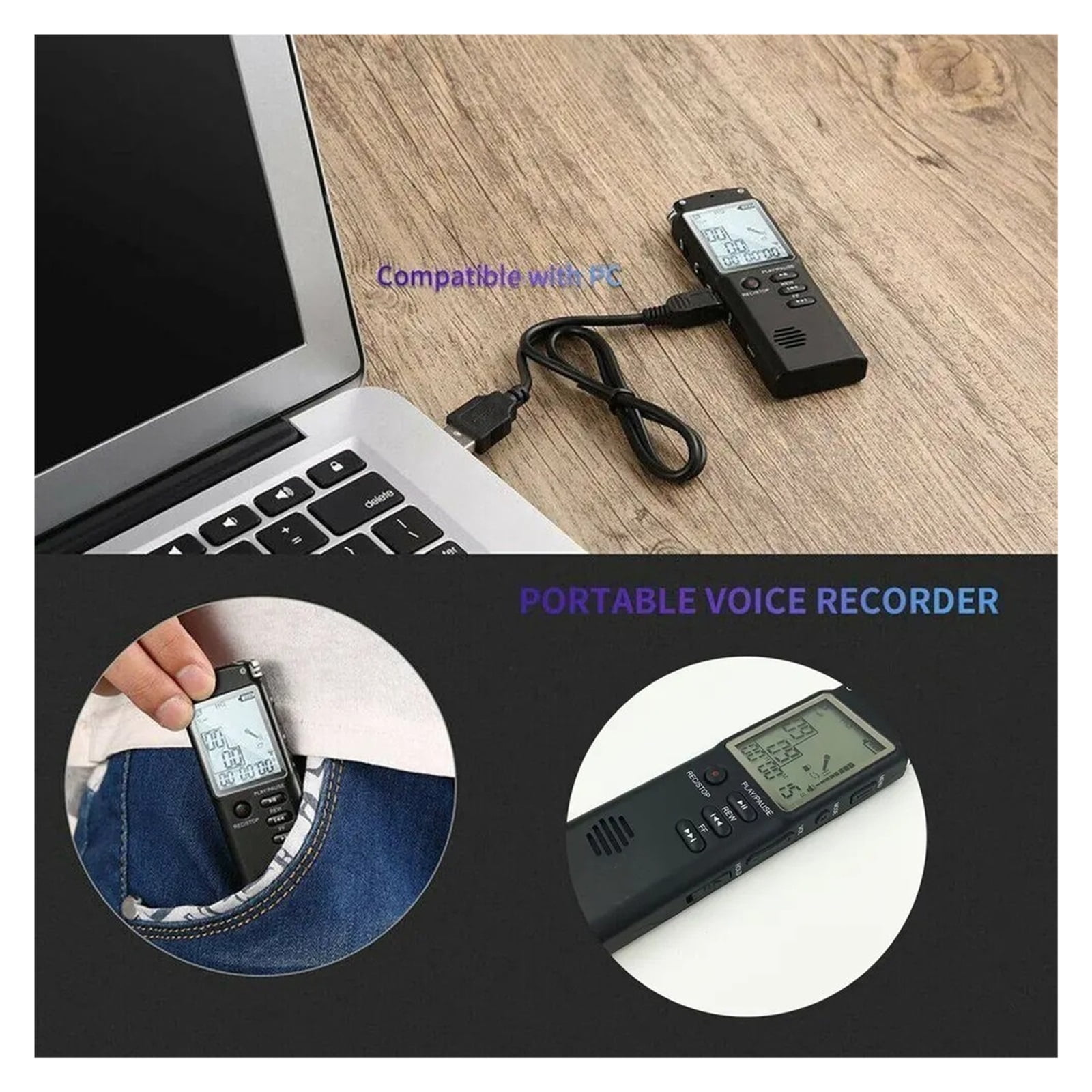 Voice Recorder USB 96 Hours Dictaphone Digital Voice Recorder with Screen, WAV, MP3 Player