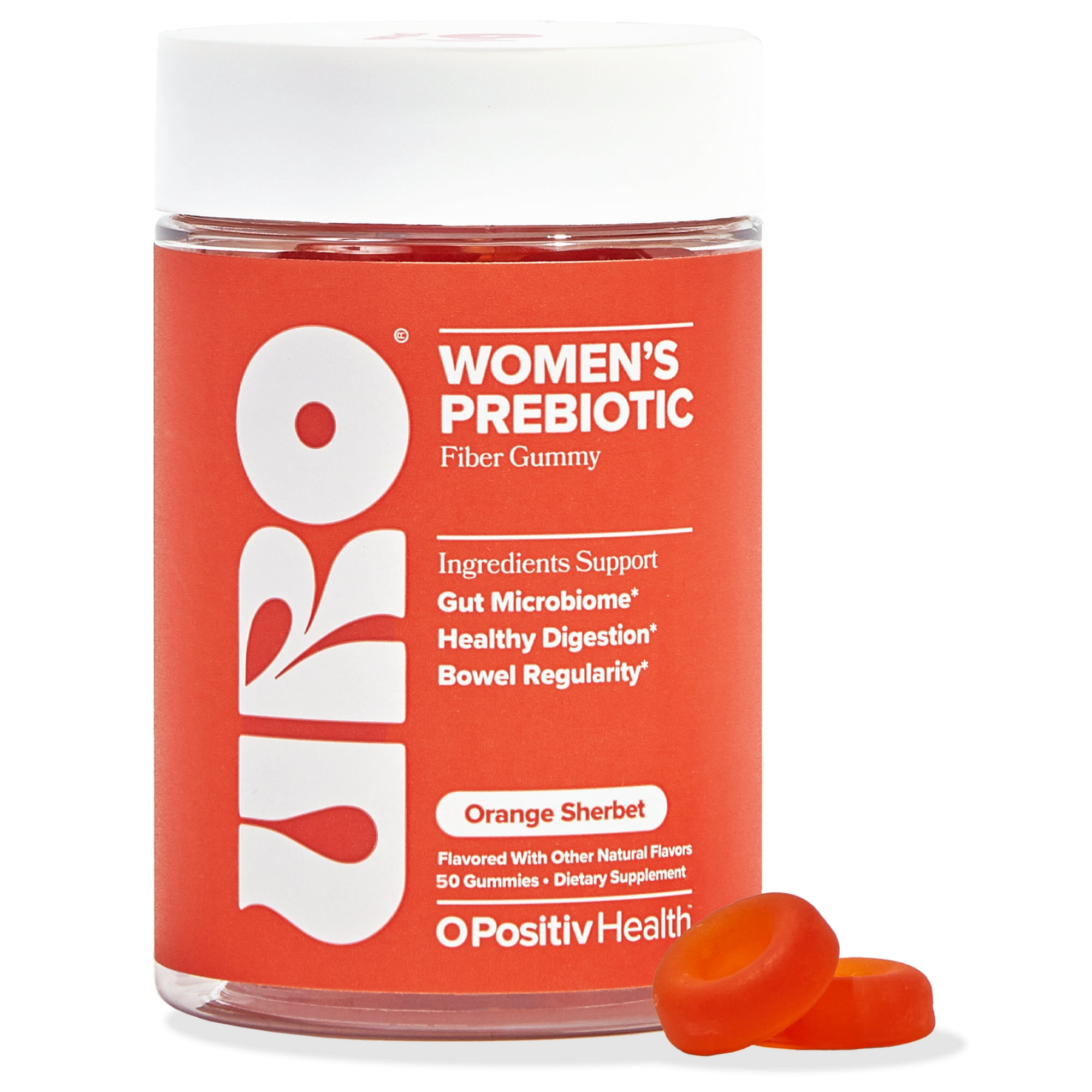 O Positiv URO Prebiotic Fiber Gummies for Digestive Gut Health and Regularity, Orange Sherbet, 50 Count