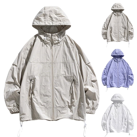Men's UPF 50 Sun Protection Hoodie Jacket Zip Up Lightweight Waterproof Long Sleeve UV Fishing Shirts Quick Dry Zip Pockets White