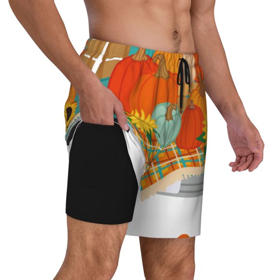 Uemuo Hello Fall Farm Truck Pattern Mens Swim Trunks Quick Dry Board Shorts with Mesh Lining, Stretch Beach Shorts Quick Dry No-Chafing Board Shorts-