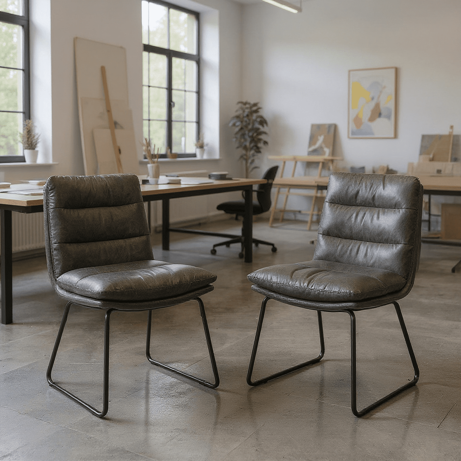 Homy Casa 2 Piece Faux Leather Dining Chairs with Thick Seat Cushion and Modern Sled Iron Legs