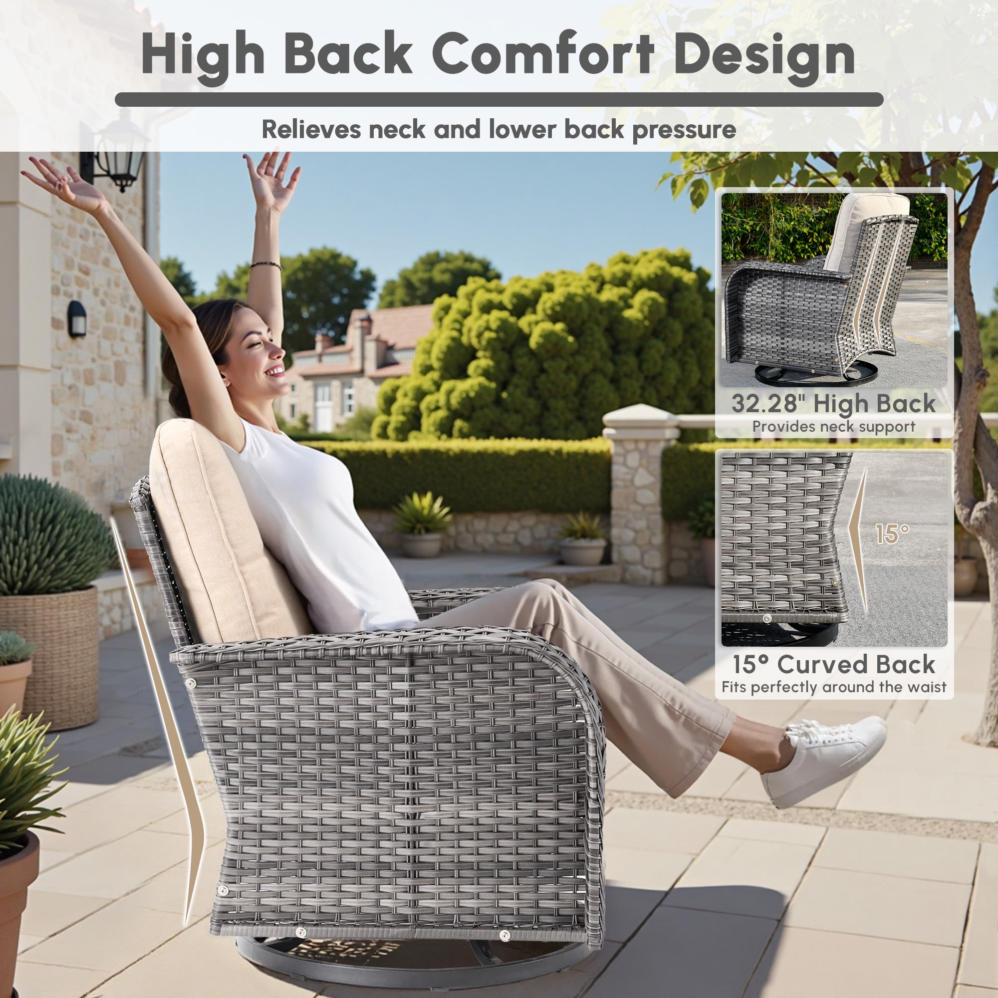 Ovios 9 Pieces Patio Furniture Set with Fire Pit Table Outdoor Conversation All-Weather Rattan Sectional Sofa with Swivel Chairs & Solar Light Table