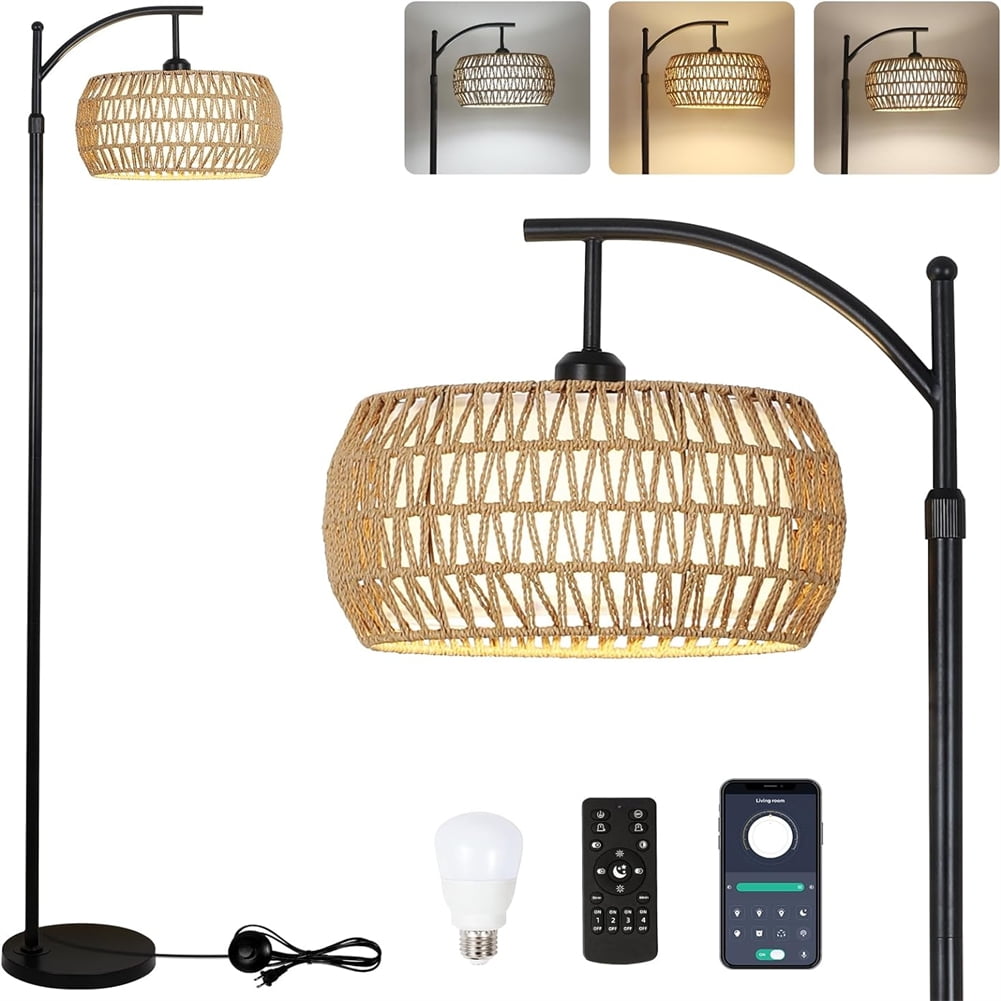 Yesfashion Rattan Floor Lamps For Living Room, Tall Standing Light With Remote Control, 3 Color Temperatures, ON/Off Foot Switch, Rattan & Fabric Shades For Office Bedroom