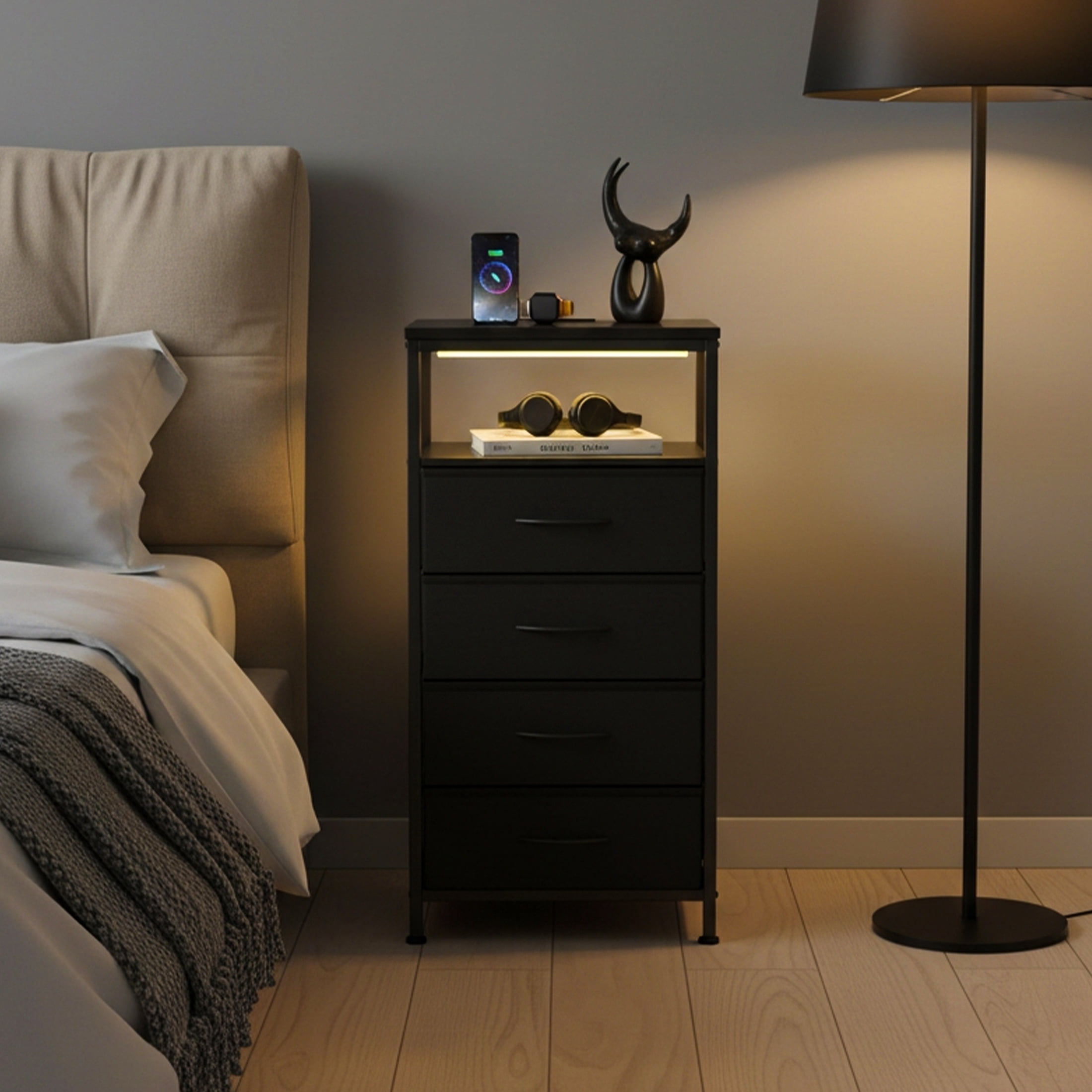CONCETTA 4 Fabric Drawers Nightstand with Charging Station, USB/Type-C Ports, Adjustable Feet, Bedroom, Black