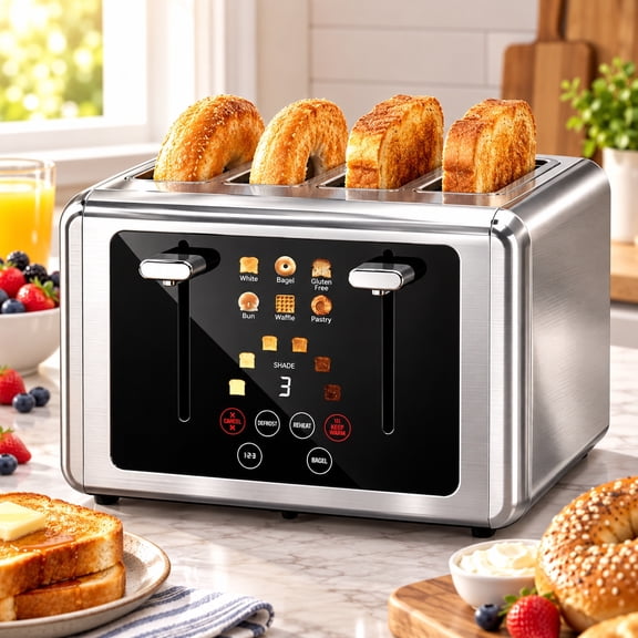 WHALLULTRA 4 Slice Touchscreen Toaster, Stainless Steel, 6 Bread Modes & 6 Shade Settings, Extra Wide Slots, Silver