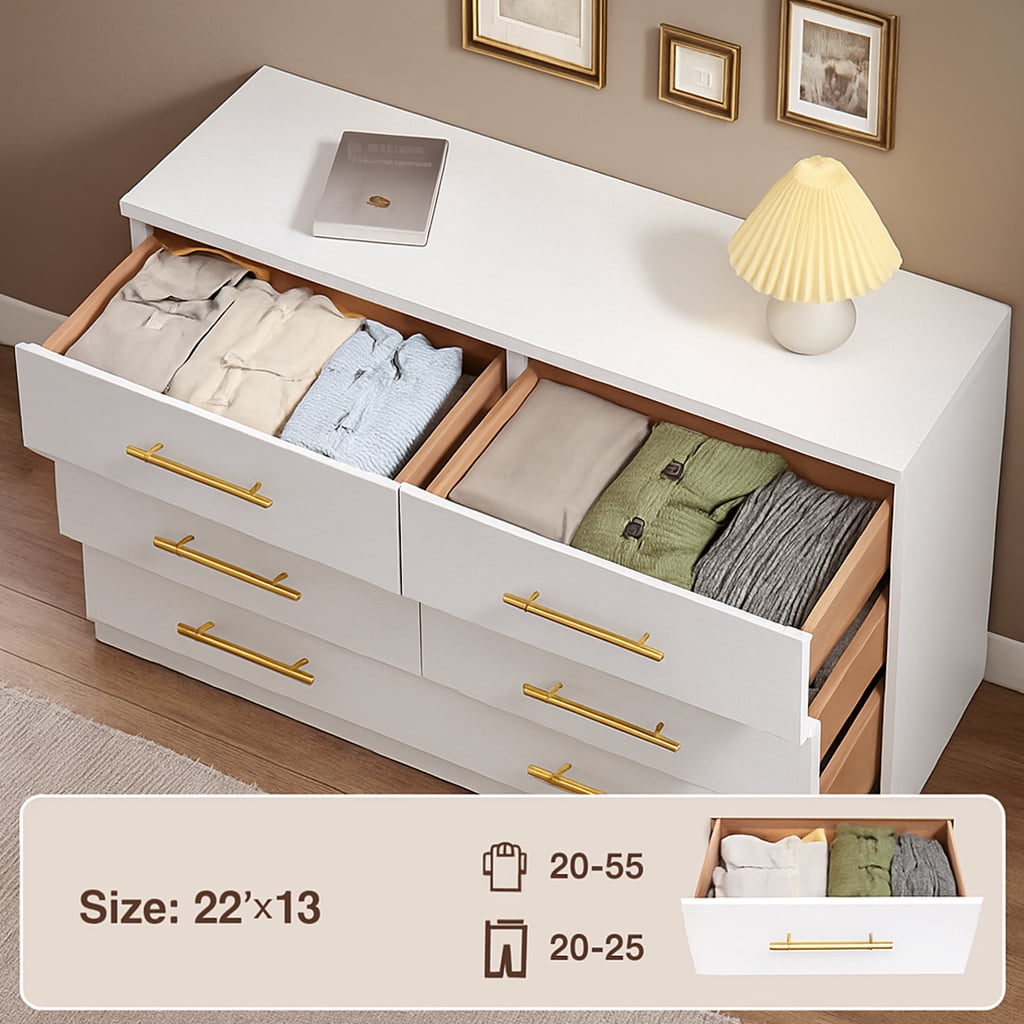 6-Drawer Dresser, 47.5" W White Modern Chest of Drawers with Gold Metal Legs & Handles, Large Capacity Storage for Bedroom & Living Room