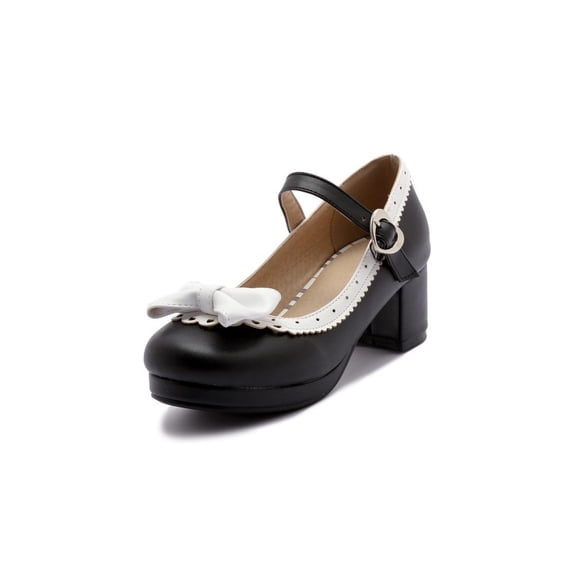 ELFY Women's Cute Lolita Cosplay Shoes Bow Mid Chunky Heel Mary Jane Pumps Black 9