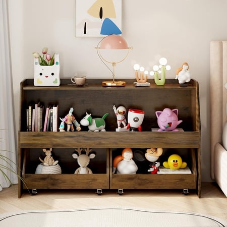 COZPAW 2‑Tier Kids Toy Storage Organizer, Montessori Bookshelf with 2 Removable Rolling Drawers, Wooden Children Storage Cabinet for Playroom Bedroom, Brown.