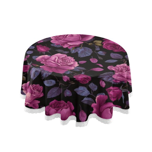 Round Single Sided Printed Tablecloth, 60 Inch Polyester Round Table Cover with White Lace Trim, Wrinkle Resistant Decorative Table Cloth for Home Beautifui Rose Pink
