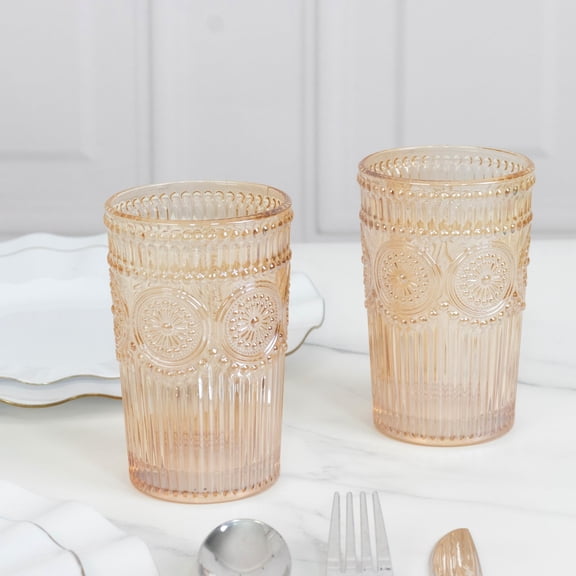 Efavormart 6 Pack Vintage Embossed Glass Tumblers – 13oz Amber Gold Drinking Glasses Textured Floral Pattern for Water, Juice & Cocktails