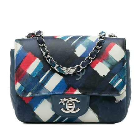 Pre-Owned Authenticated Chanel Mini Square Classic Printed Lambskin Airlines Flap Leather Blue Crossbody Bag Unisex (Good)