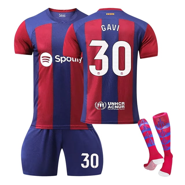 GZSL 2324 Barcelona Home Football Training Kit, Number # 30 Soccer Jerseys & Tops, Colorful Short-Sleeve Adult Football Jersey with White Lettering Three-Piece Set/XXXL