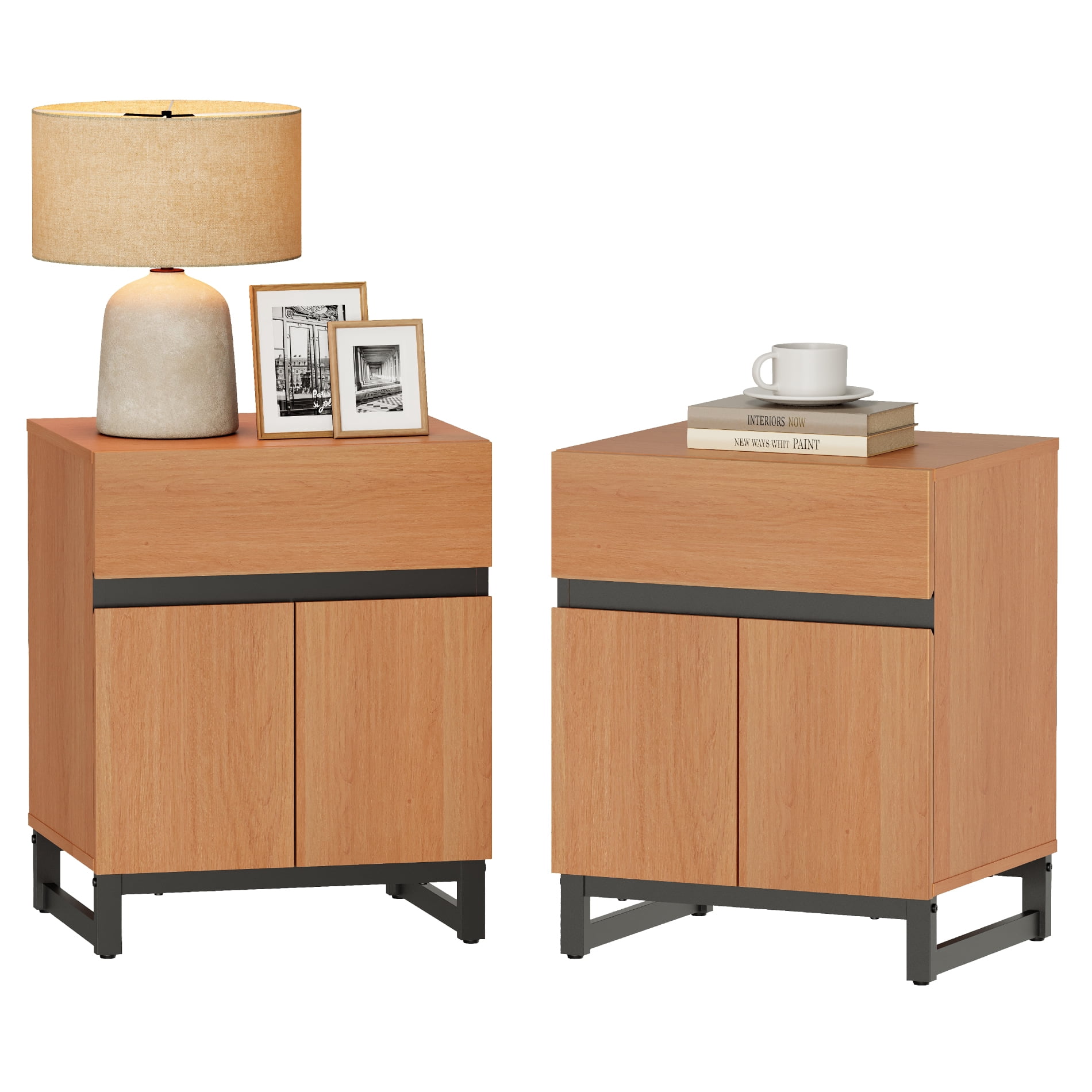 WAMPAT 2 Pack Nightstand with 1 Drawer & 1 Storage Cabinet, Modern Bedside Table with 2 Open Doors for Bedroom, Wood Rustic Side End Table for living Room.