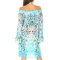 thumbnail image 2 of Sakkas Riza Women's Off Shoulder Long Sleeve Tunic Shirt Short Dress with Print - FTU294-Turq - One Size Regular, 2 of 5