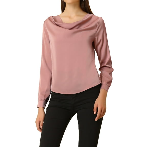 MODA NOVA Junior's Elegant Long Sleeve Satin Cowl Neck Top Blouse Pink 2XL