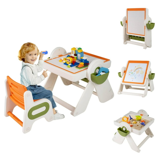 Costway Ensemble Table et Chaise pour Enfants 6-en-1 Multi-Activités avec Fente pour Stylet, Paniers de Rangement Orange