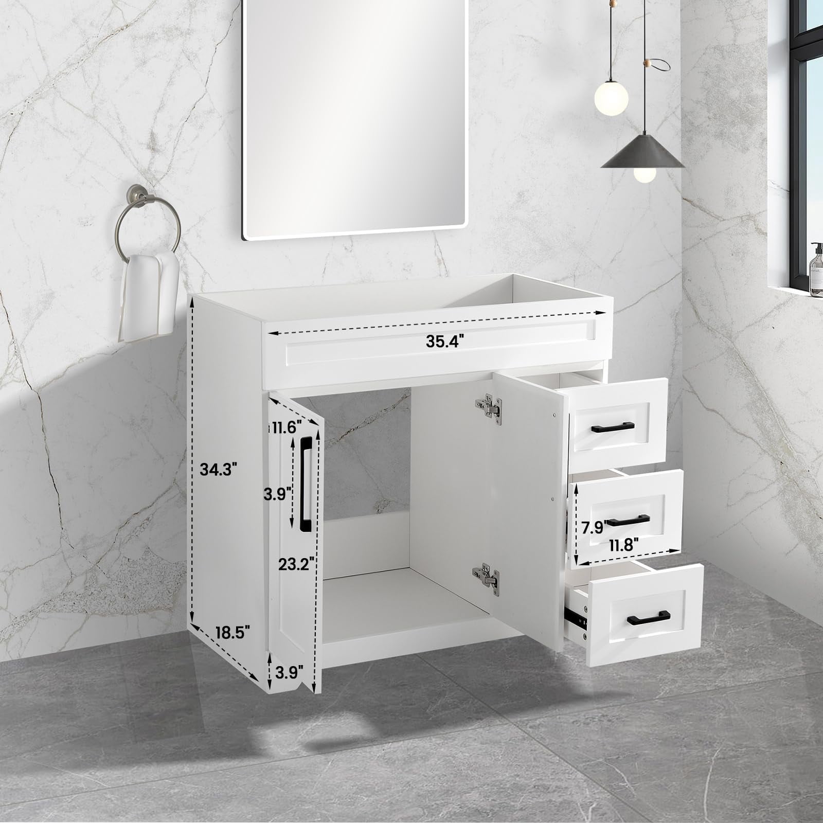 Dodrehome 36" Single Bathroom Vanity, Modern Bathroom Cabinet Without Sink, with 2 Soft Closing Doors and 3 Drawers, White