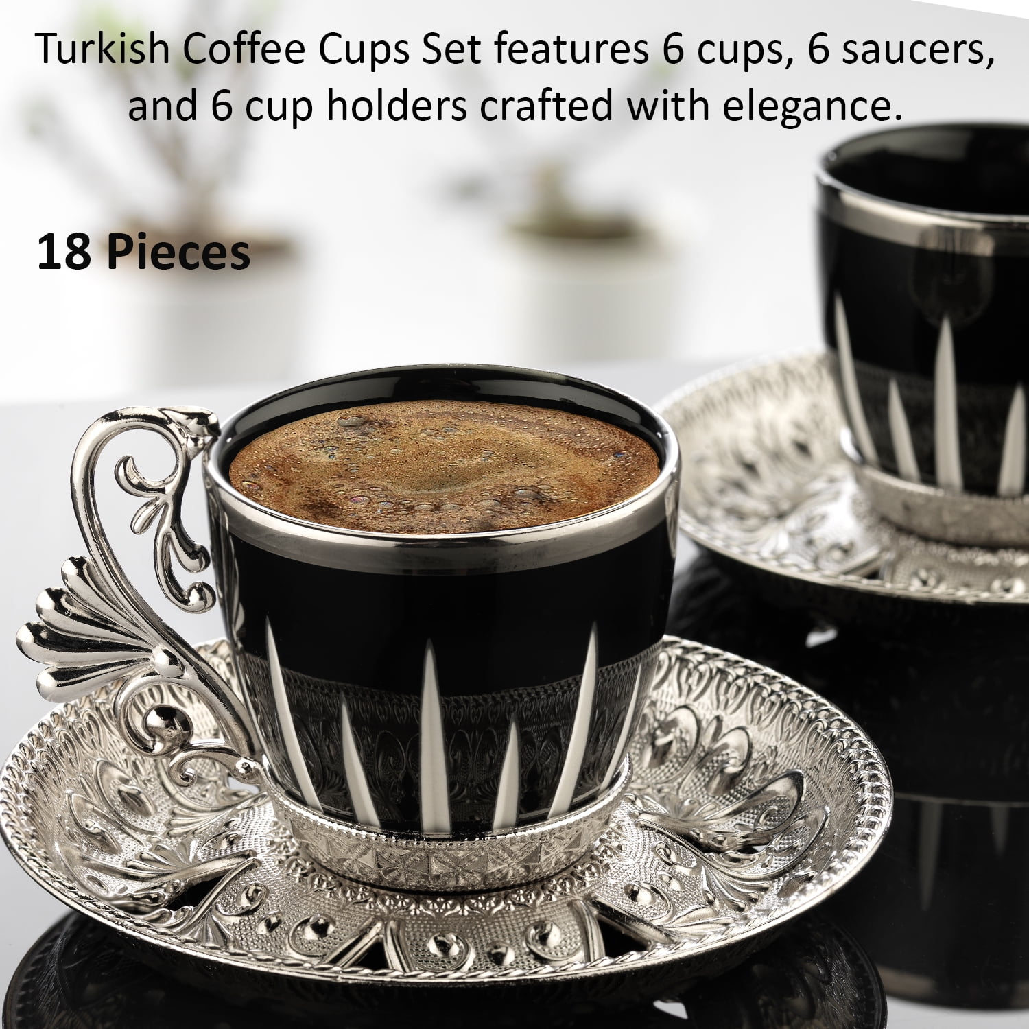 HAKAN Handmade Turkish Coffee Cups Set of 6, Authentic Arabic Espresso Cups  with Saucers, Fancy Greek Coffee Set, Bosnian Coffee Cup for Gift