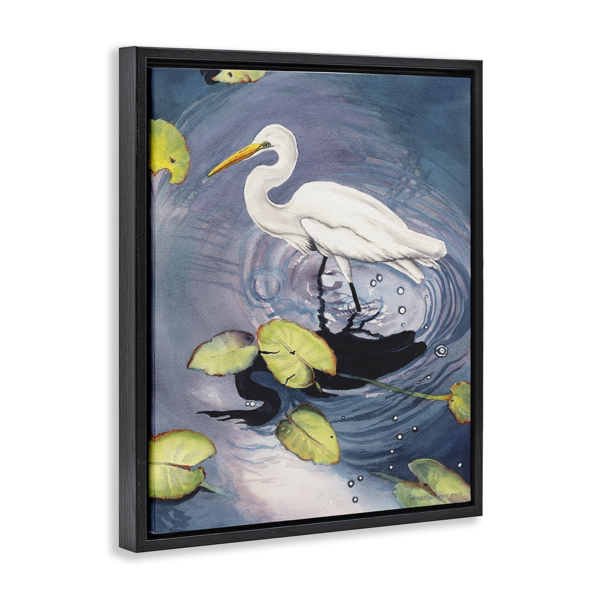 Stupell Industries Heron with Pond Ripples Animals & Insects Painting Black Floater Framed Canvas Art Print Wall Art, 25 x 31