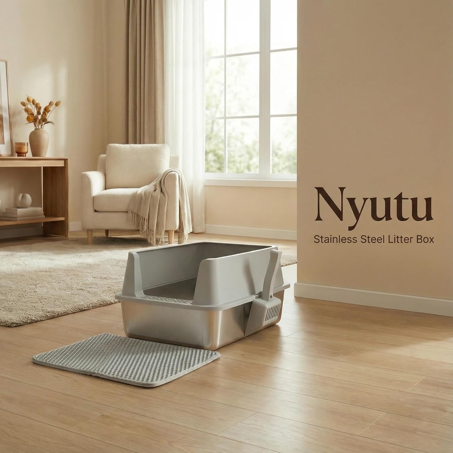 Extra Large Stainless Steel Litter Box with Lid, High Sided Design Includes Mat and Scooper, Easy Clean Non-Stick Odor Control