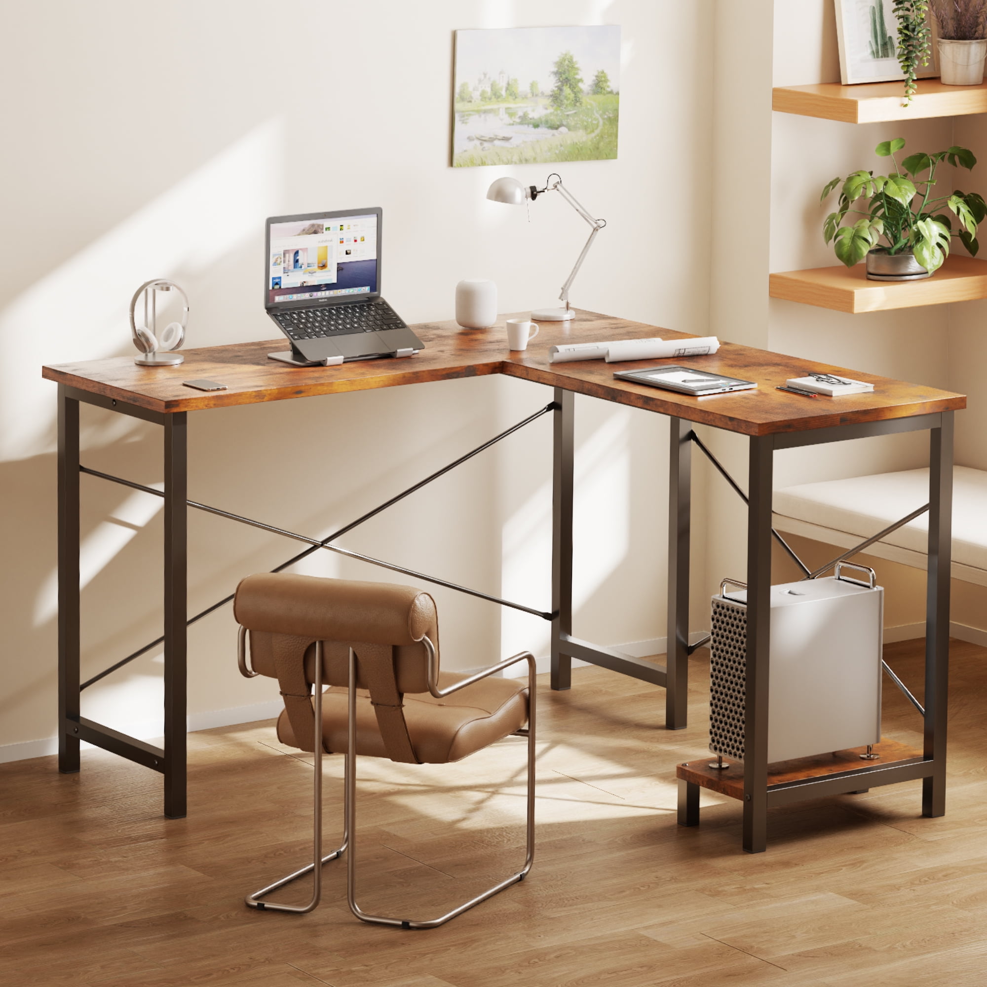 JIOABL 50" L-Shaped Corner Gaming Desk with Reversible CPU Stand, Waterproof Desktop & Metal Frame, Rustic Brown