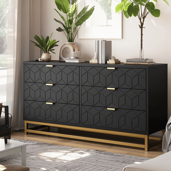 Luku 53.5" Dresser, 6 Drawer Chest with Gold Handles and Legs, Modern Wide Storage Organizer for Bedroom, Hallway, Living Room
