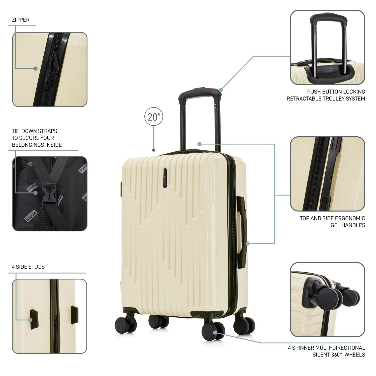 InUSA DRIP 20" Hardside Lightweight Carry On Luggage with Spinner Wheels, Handle and Trolley, Sand
