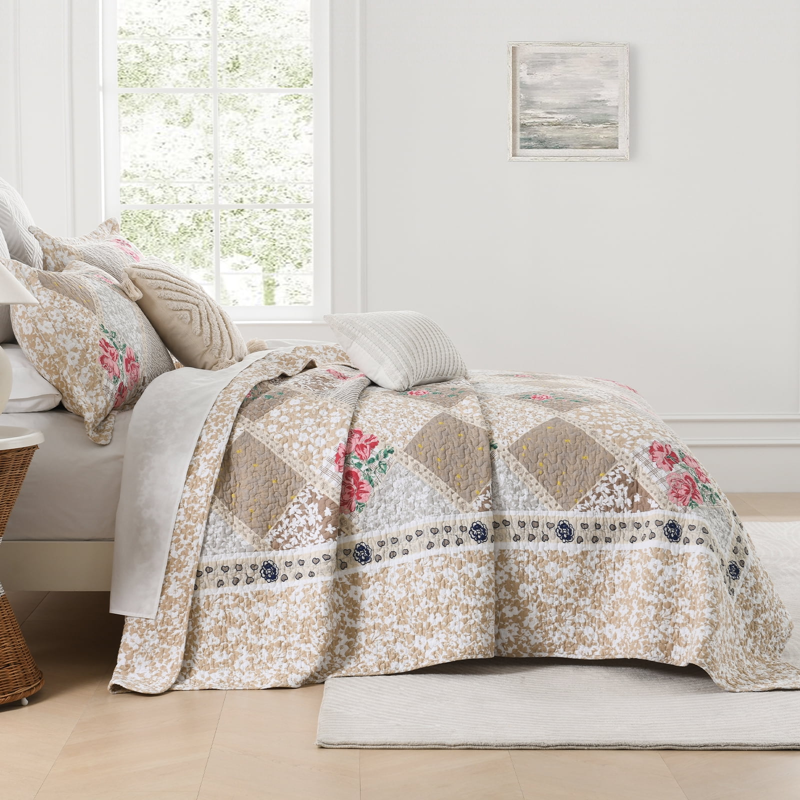 DDUOXIN 128x120 Bedspreads for King Size Bed - 100% Cotton Brown Beige Red Floral Patchwork Plaid Reversible California King Size Bedspread, Lightweight Cal Oversized King Quilts Bedding Set, 3 Piece