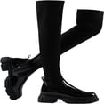 thumbnail image 4 of Over The Knee Boots for Women Wide Calf, Platform Thigh High Boots Womens Knit Leather Splicing Long Boots Black Round Toe Chunky Heels Zipper Stretch Sexy Tall Boots Winter Warm Dress Boots, 4 of 6