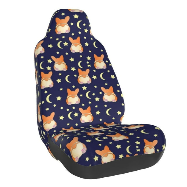Wukai Corgi Lying With Moons And Stars Full Set Car Seat Covers with Soft Padding Universal Auto Front Seats Protector and Cushion Mat