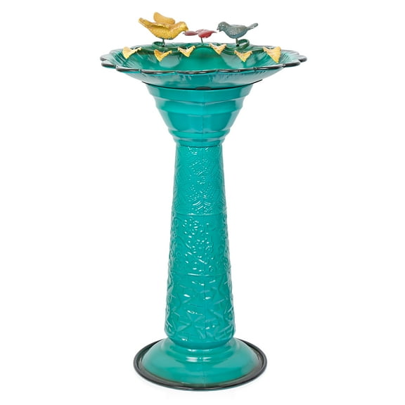Metal Green Birdbath with Birds and Leaves