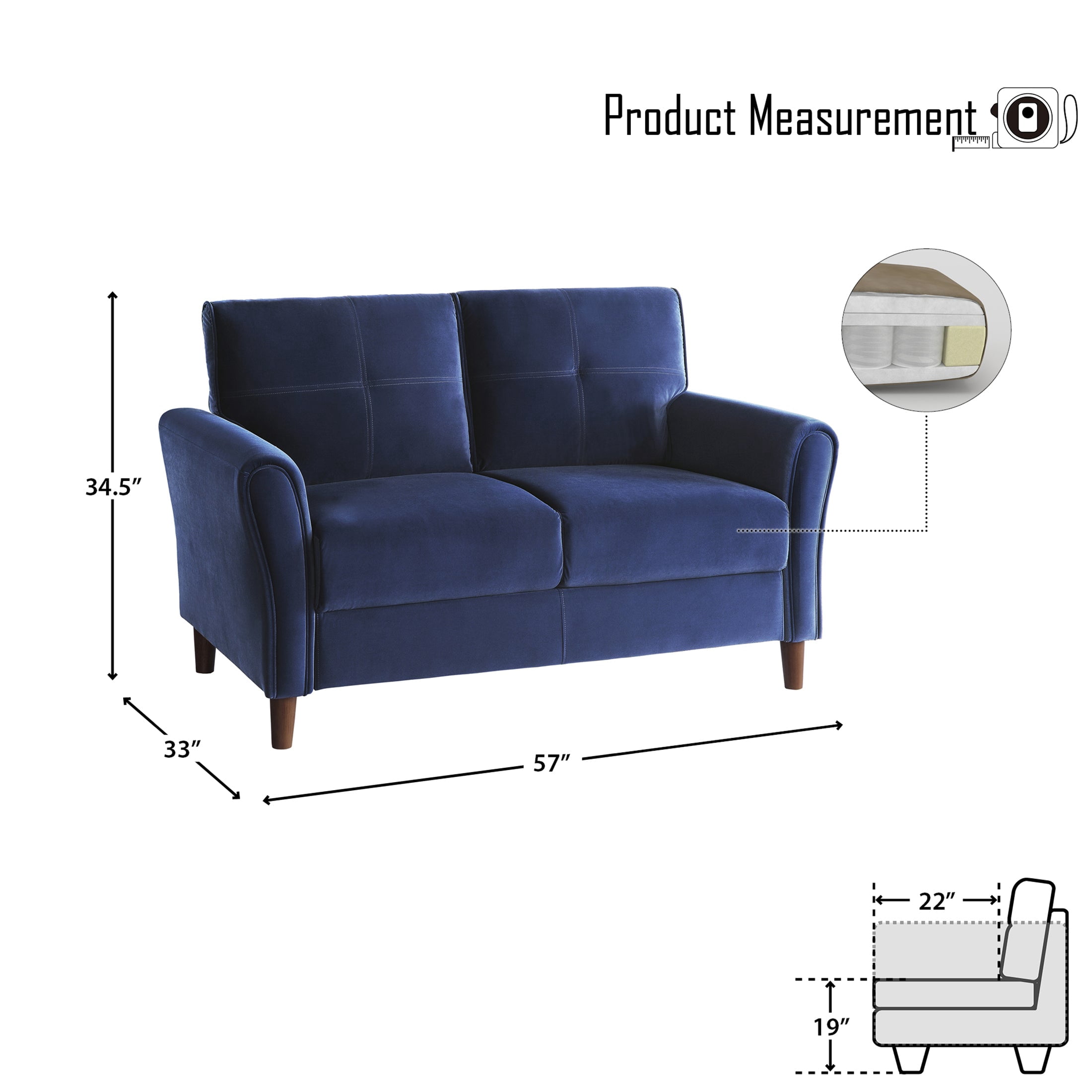 OakvillePark Copley Velvet Fabric Upholstered Living Room Loveseat, Blue