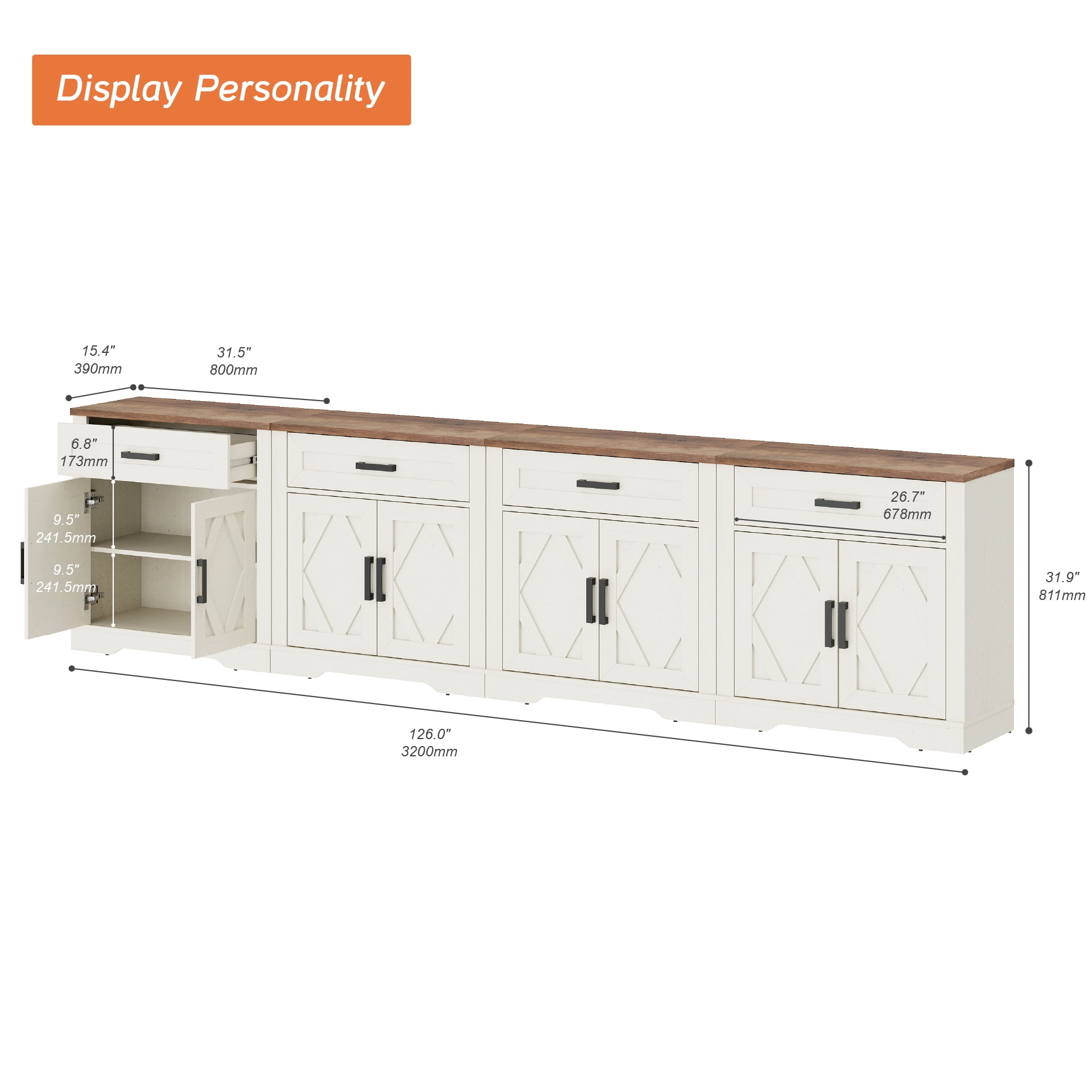 WAMPAT 126"W Large TV Stand,4-in-1 Farmhouse Entertainment Center with Storage Barn Door Cabinet,TV Console Table with Media Cabinet and Drawers for Living Room,Bedroom,Cream White
