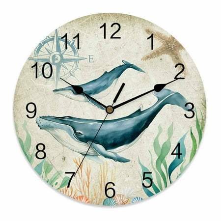 Silent Wall Clocks Battery Operated, Beach Coastal Theme Round Decorative Wall Clock for Living Room Bedroom Kitchen Bathroom Classroom Decor, 12 Inch Vintage Sea Whale