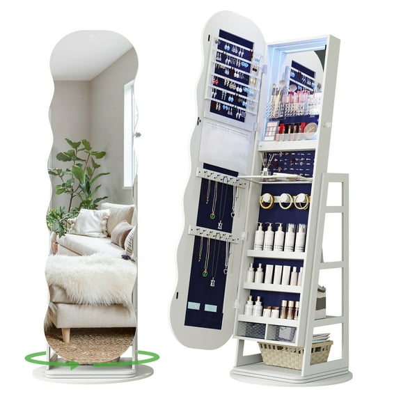 Gurexl 360° Swivel Jewelry Cabinet with Lights, LED Jewelry Armoire with Mirror, Wavy Wide Full-Length Mirror with Storage, Lockable Mirror Jewelry Cabinet Standing (White)