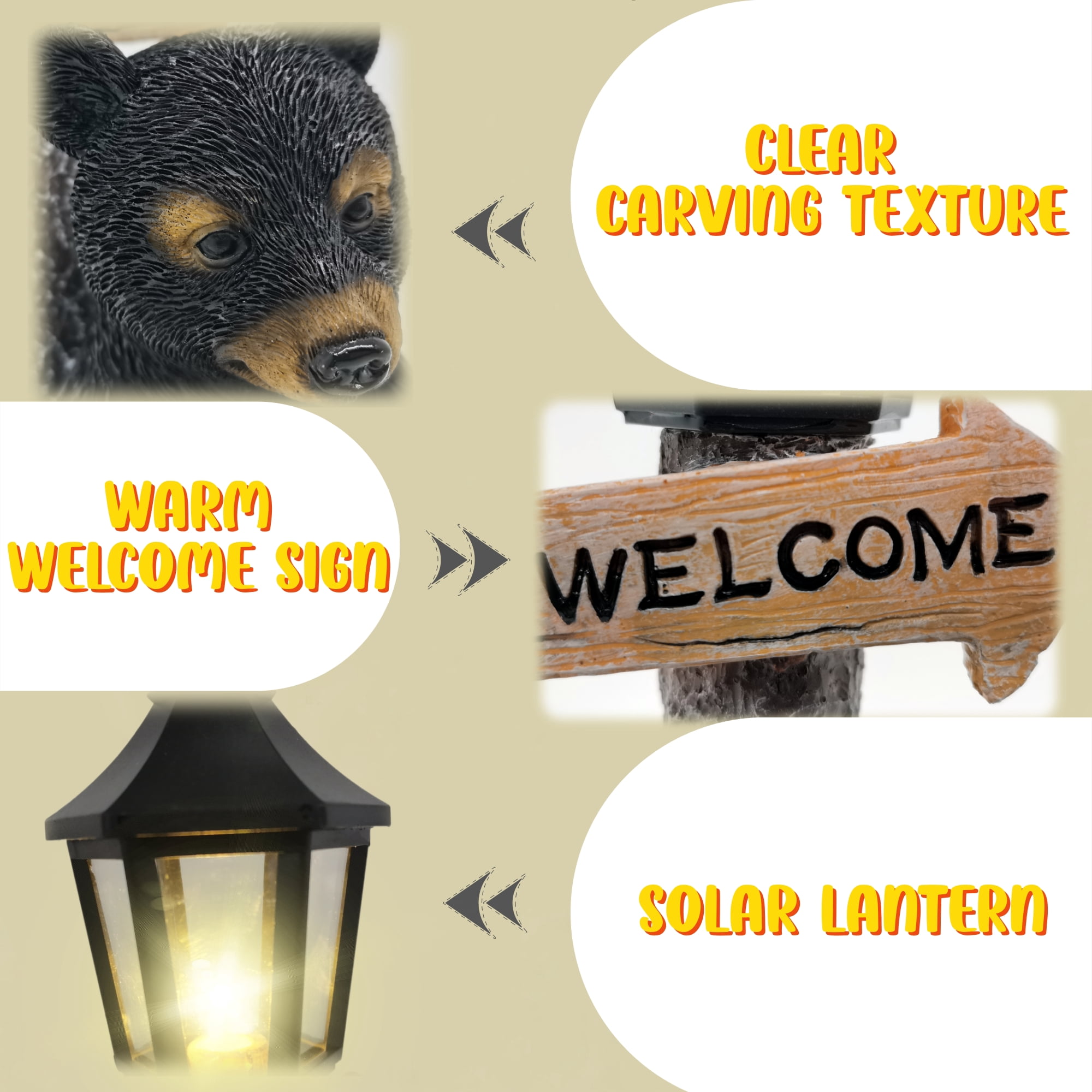 Outdoor Decor Bear Statues with Welcome Sign, Resin Bear Sculpture for Yard Patio Porch, Solar Animal Figurine Light Garden Decoration