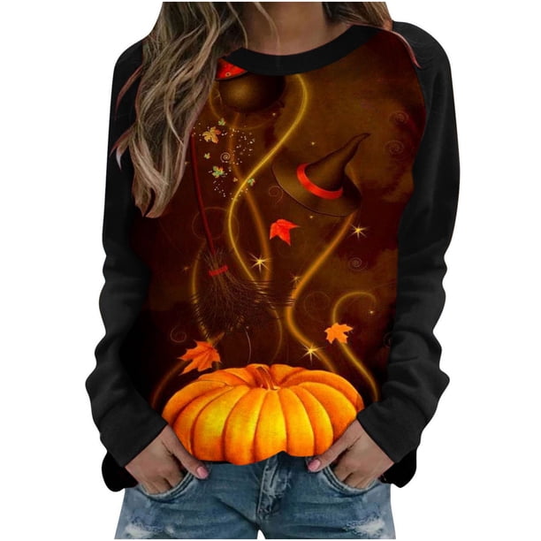 Tops casuales de cuello redondo de manga larga con estampado de Halloween para mujer Pompotops FGAJ4318