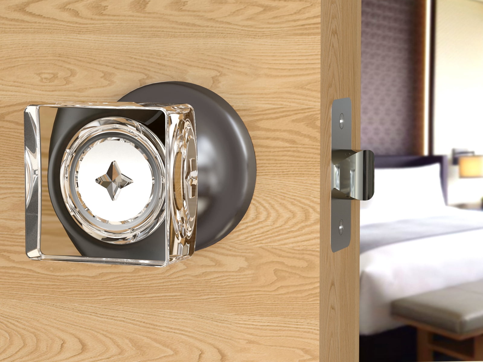 Privacy Square Crystal Door Knobs Dark Grey Round Rosette