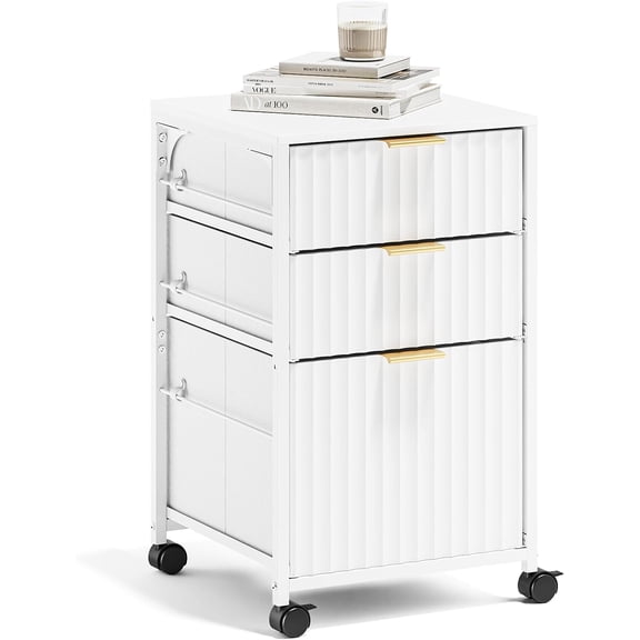 BoldGear 3 Drawer Fluted File Cabinet, Rolling File Cabinet Mobile Under Desk File Cabinet with Wheels, Fabric Drawers Printer Stand for Home Office, Fits Letter Size, White