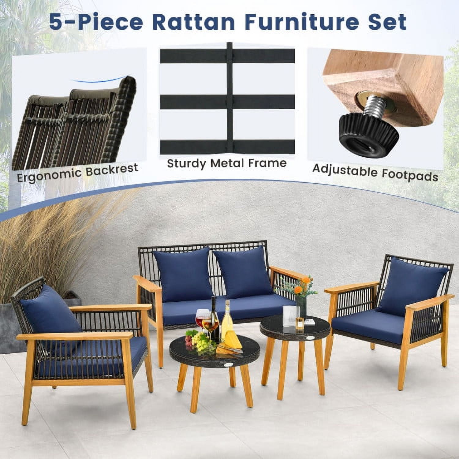 Aimee Lii 5 Pieces Patio Conversation Furniture Set, Outdoor Patio Set with 2 Coffee Tables for Backyard Poolside, Navy