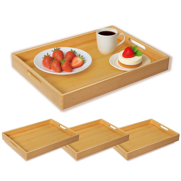 4-Pack Large Bamboo Trays with Handles - 18x13 Inches Home Kitchen Serving Trays, Multi-Purpose Trays, Picnic Coffee Breakfast Trays, Brown