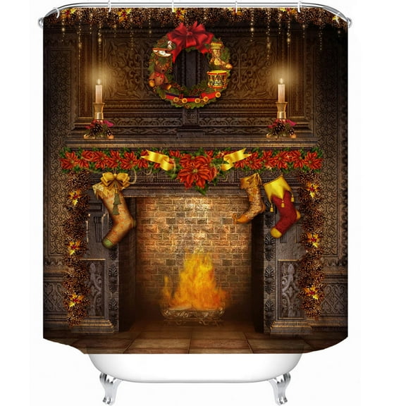 Taotanxi Christmas Shower Curtain, Vintage Ambiance Big Old Fashioned Window Xmas Tree Various Presents, Cloth Fabric Bathroom Decor Set with Hooks, 35" W x 70" L, D