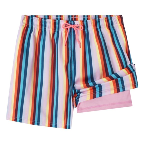 XIAONU Stripe Swim Shorts for Men Drawstring Waist Built‑In Liner Beach Shorts