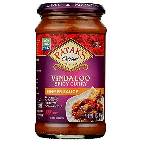 Patak's Spicy Vindaloo Simmer Sauce - 15 Oz (Pack of 3) – With Tomato, Chile, and Spices, No Artificial Flavors, Colors, or Preservatives, Gluten Free, Vegetarian Friendly